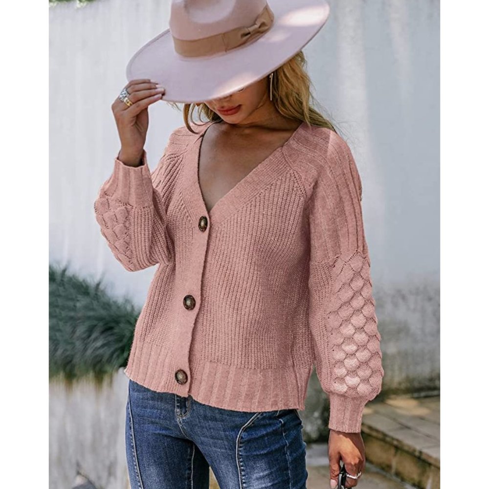 Pink Chunky Cable Knit Button Down Oversized Long Sleeve Sweater Cardigan Top